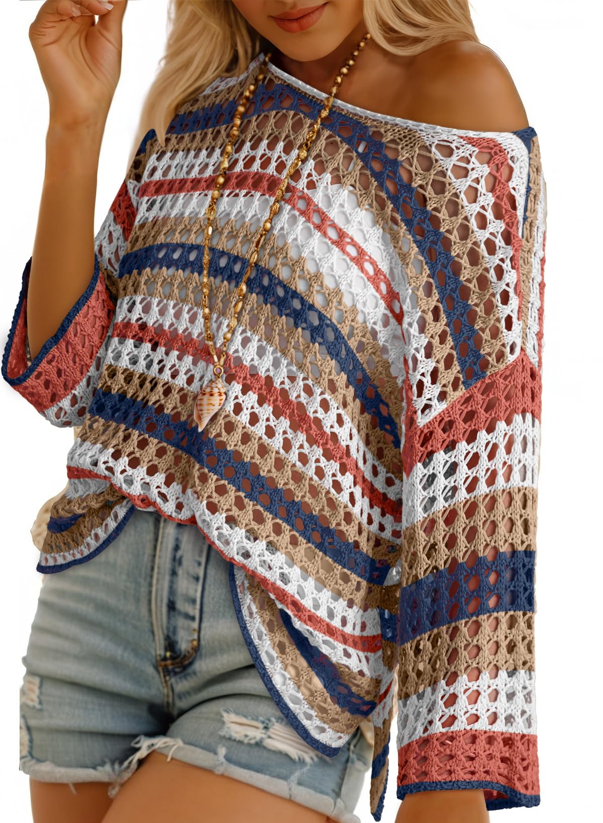 Women's 3/4 Sleeve Hollow Out Color Block Striped Top