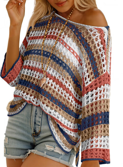 Women's 3/4 Sleeve Hollow Out Color Block Striped Top