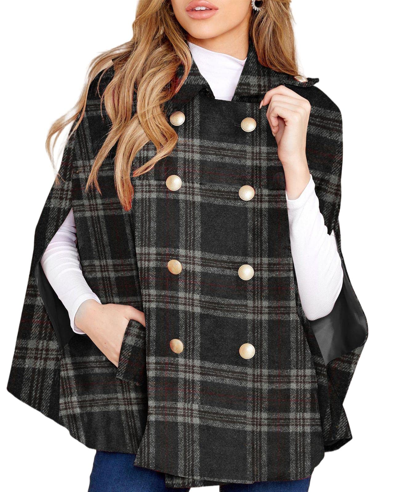 Women's Plaid Double Breasted Winter Cape Turn Down Poncho Coats(Buy 2 Free Shipping)