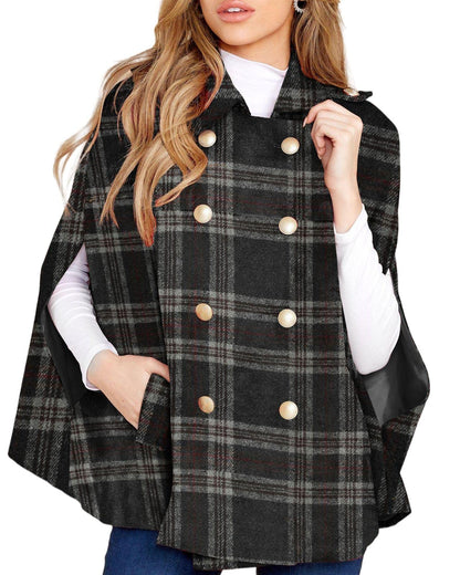 Women's Plaid Double Breasted Winter Cape Turn Down Poncho Coats(Buy 2 Free Shipping)
