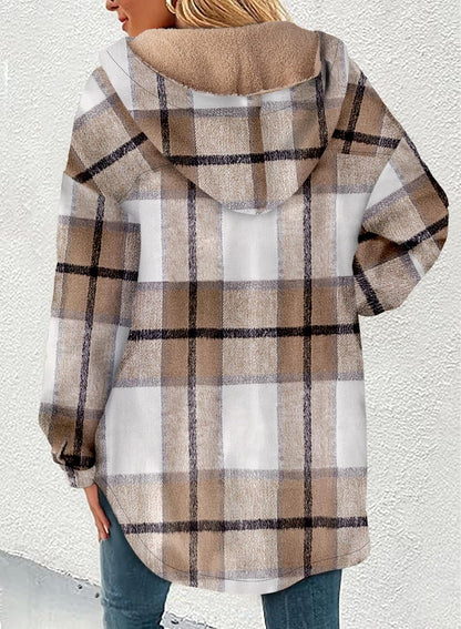 🔥Women's Flannel Hooded Plaid Shacket Thick Coat Fuzzy Fleece Jacket