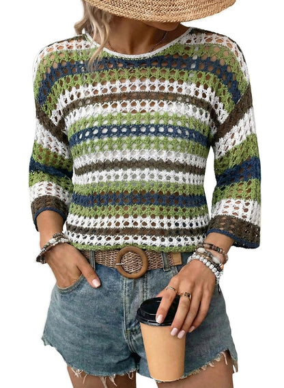 Women's 3/4 Sleeve Hollow Out Color Block Striped Top