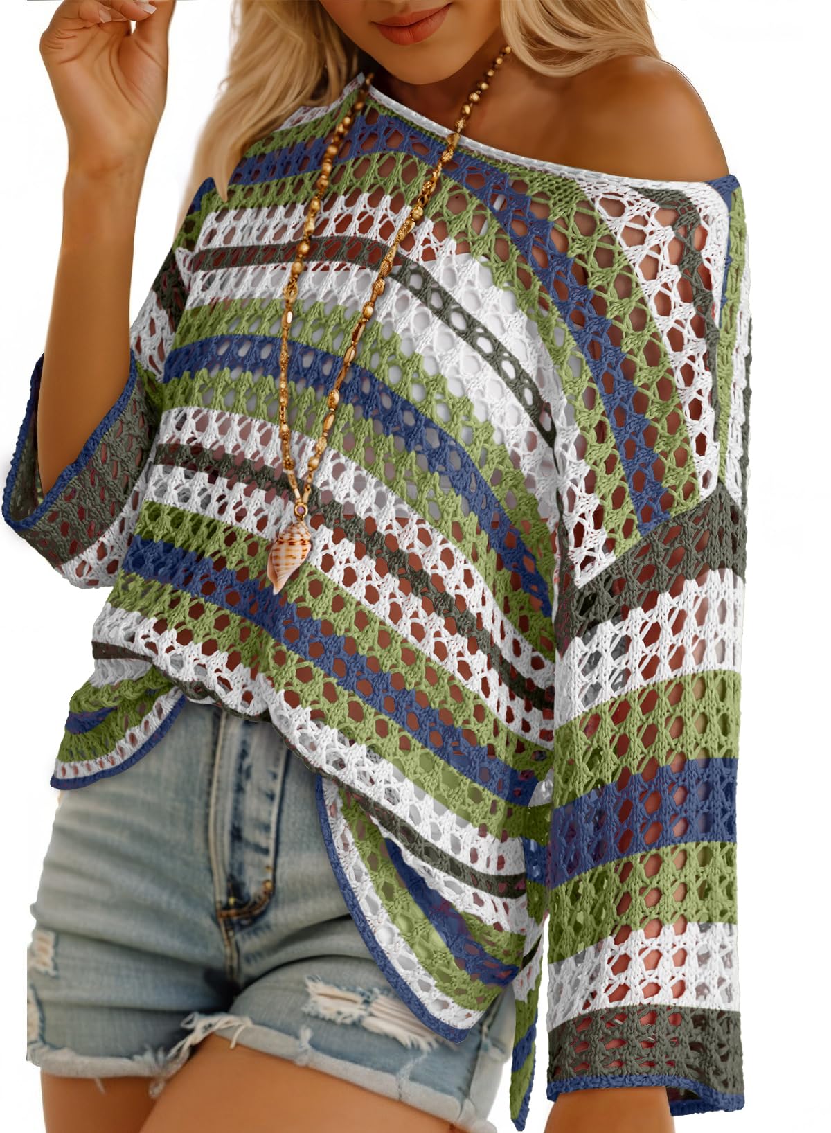 Women's 3/4 Sleeve Hollow Out Color Block Striped Top