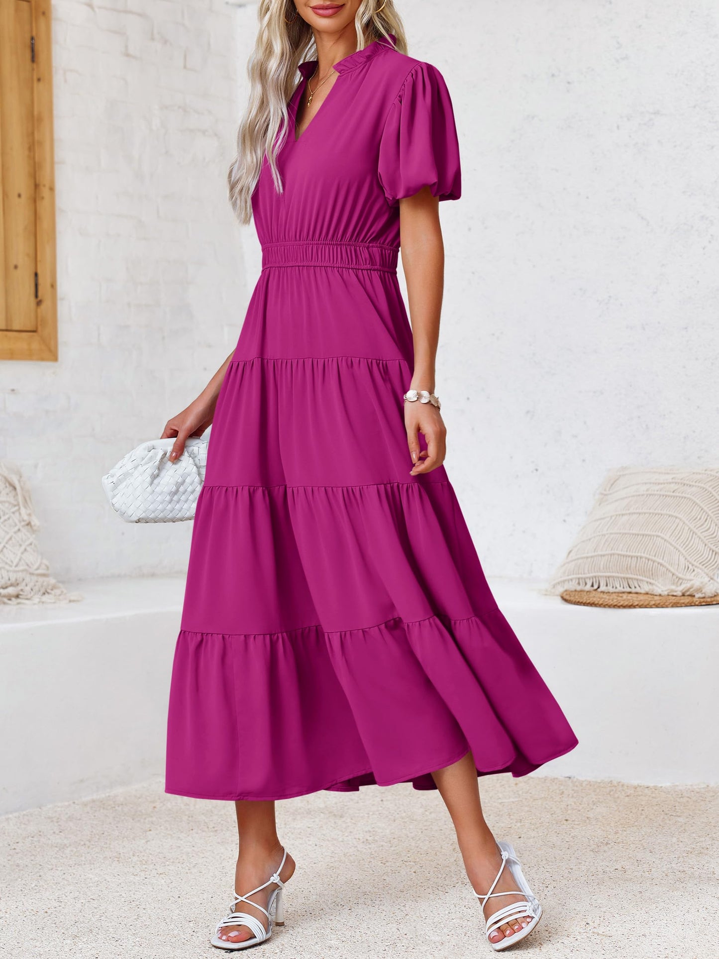 Womens Puff Short Sleeve V Neck Flowy Tiered Beach A-Line Dresses