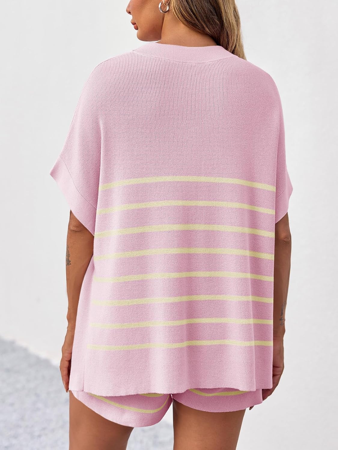 Women's Striped 2-Piece Oversized Batwing Sleeve Short Sleeve Top and Shorts Set