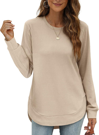 Womens Sweatshirt Crewneck Long Sleeve Shirts Tops Curved Hem