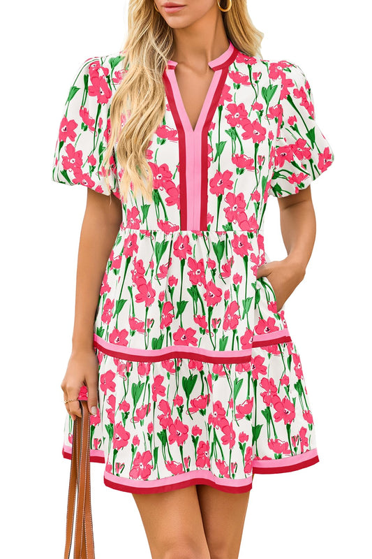 Womens V Neck Floral Mini Dress Short Puff Sleeve Patchwork