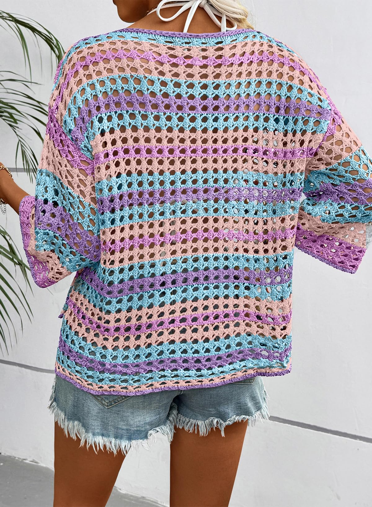 Women's 3/4 Sleeve Hollow Out Color Block Striped Top