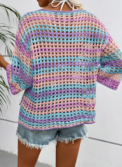 Women's 3/4 Sleeve Hollow Out Color Block Striped Top