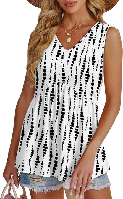 Women's Print Flowy Sleeveless V Neck Peplum Tank Tops