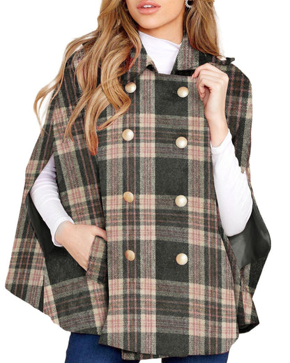 Women's Plaid Double Breasted Winter Cape Turn Down Poncho Coats(Buy 2 Free Shipping)