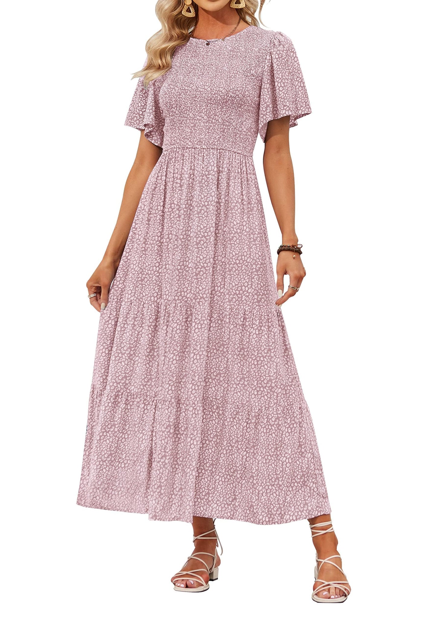 Women's Casual Floral Print Short Flutter Sleeve Smocked High Waist Flowy Maxi Dress