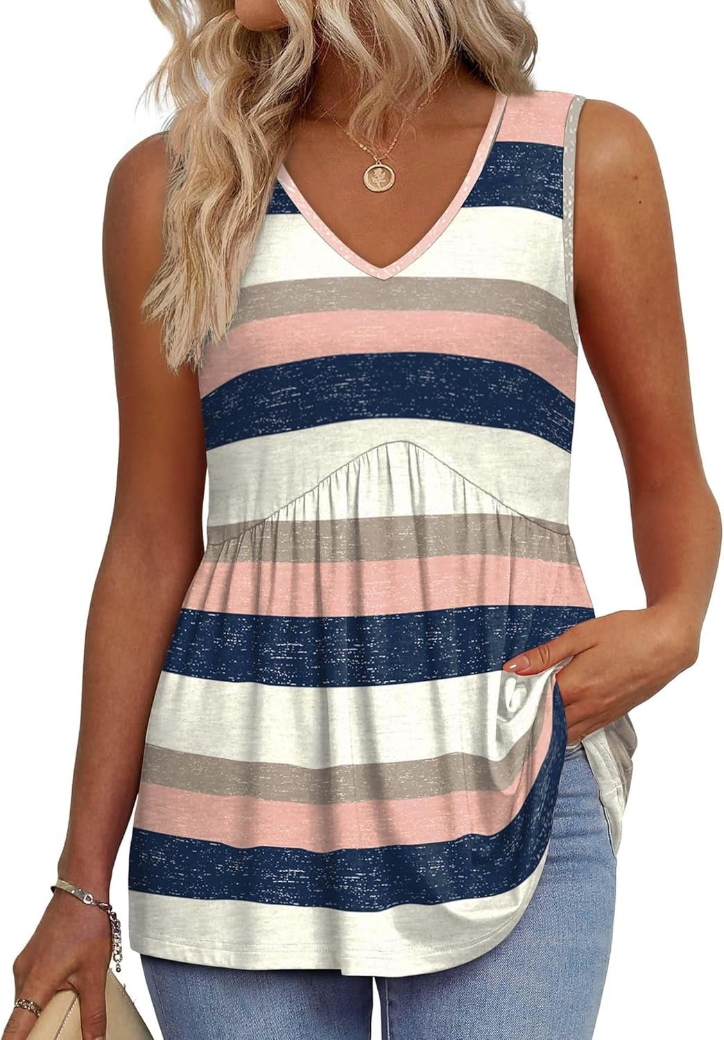 Women's Print Flowy Sleeveless V Neck Peplum Tank Tops