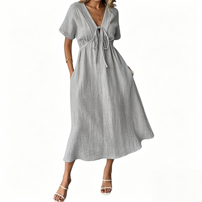 Women's V Neck Tie up Textured Loose Flowy Midi Dress With Pockets