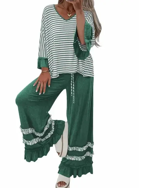 Striped V Neck Ruffle Two Piece Set
