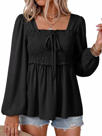 Women Loose Long Sleeve Square Neck Smocked Ruffle Peplum Casual Blouse