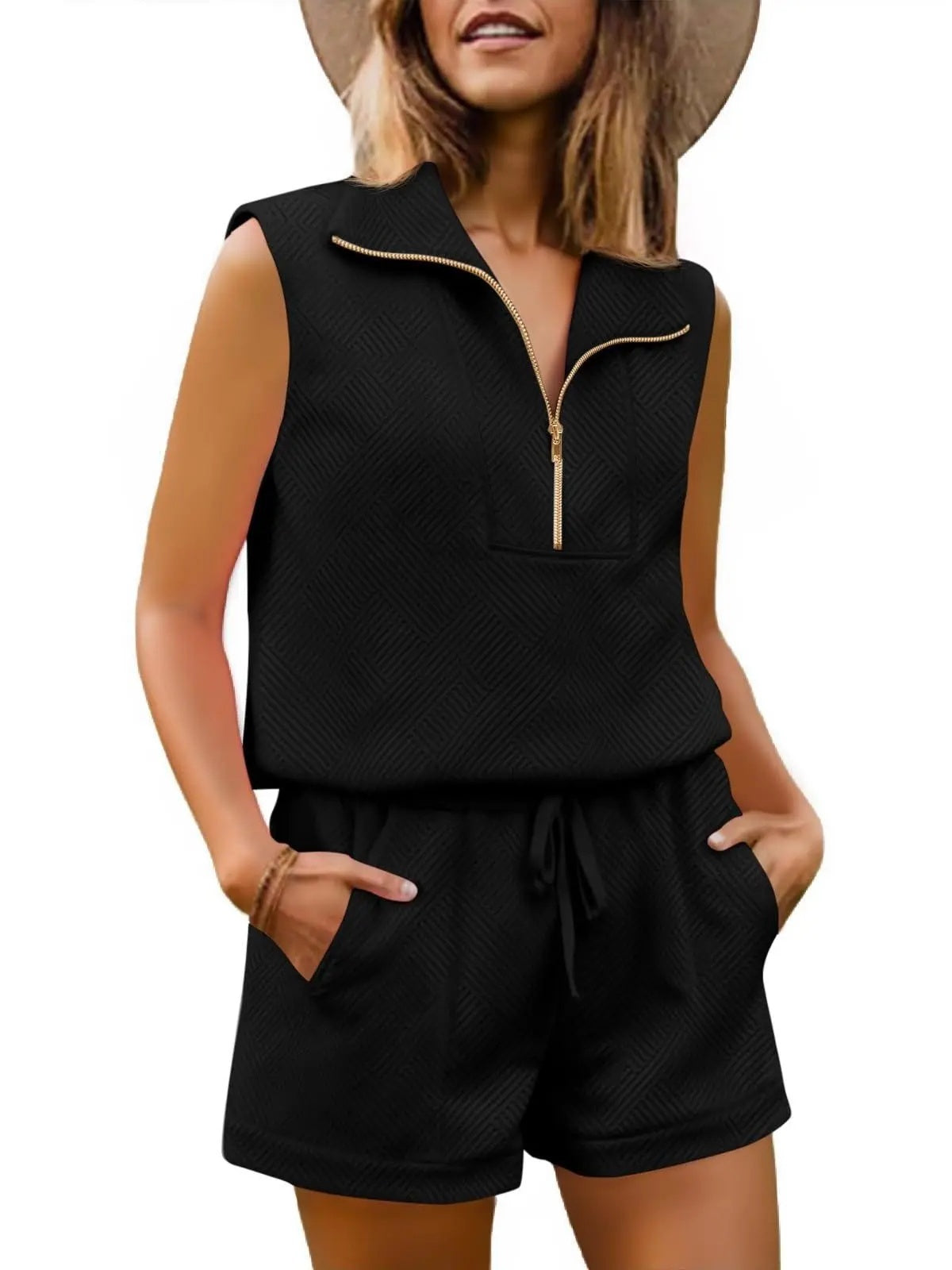 Womens 2 Piece Outfits  extured Quarter-Zip Sleeveless Tops with Shorts