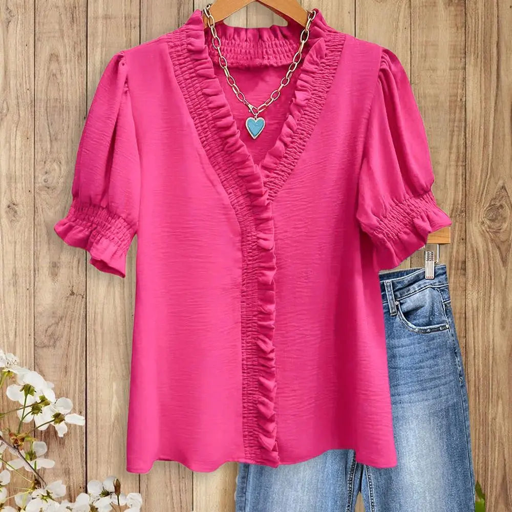 Womens Smocked Ruffle Trim V-Neck Blouse