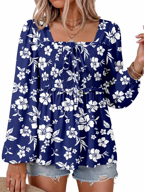 Women Loose Long Sleeve Square Neck Smocked Ruffle Peplum Casual Blouse