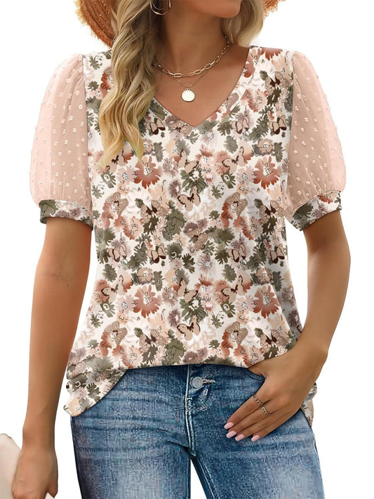 Women's Printed V Neck Swiss Dot Puff Sleeve Loose Casual T-Shirt