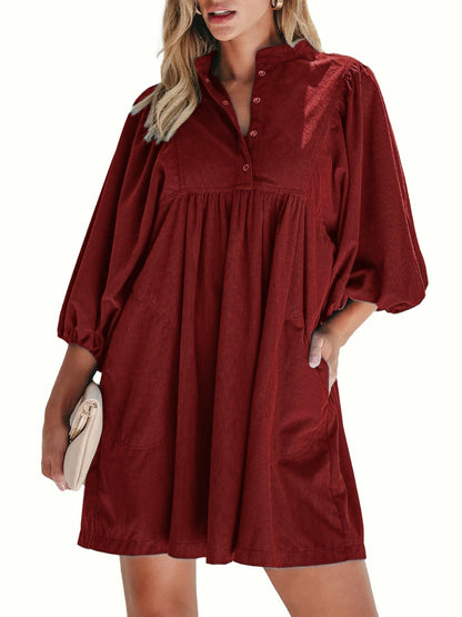 Women Corduroy Half Button Puff Sleeve Babydoll Mini Dress With Pockets