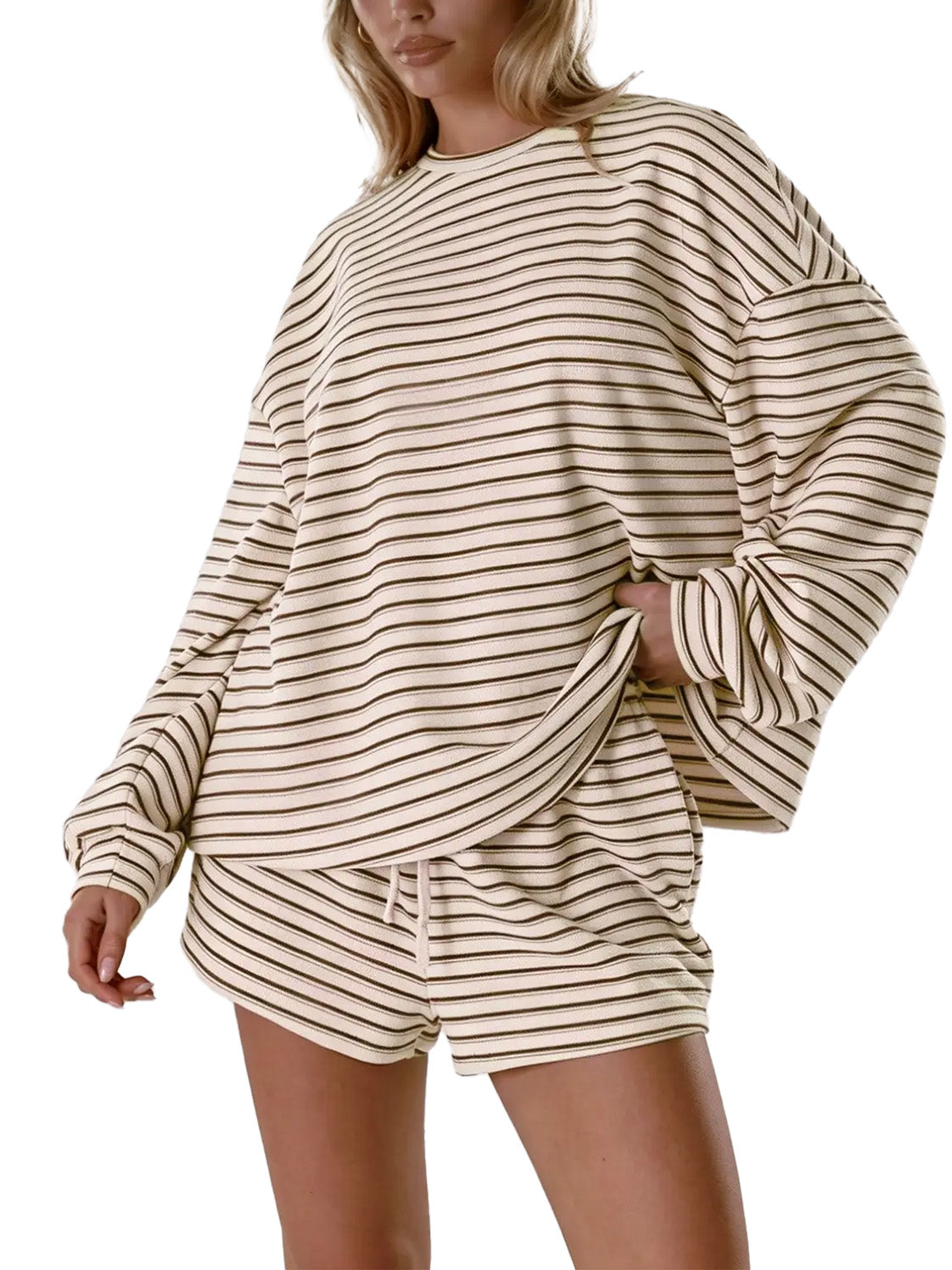 Women's Striped Oversized Long‑Sleeve Top & Pocket Shorts 2‑Piece Set