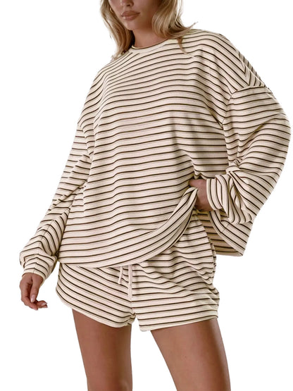 Women's Striped Oversized Long‑Sleeve Top & Pocket Shorts 2‑Piece Set