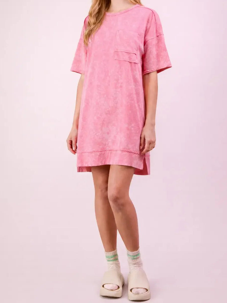 Women's Acid Wash Oversized T-Shirt Dress with Pockets
