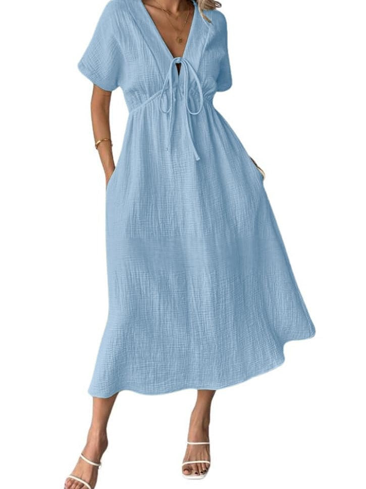 Women's V Neck Tie up Textured Loose Flowy Midi Dress With Pockets