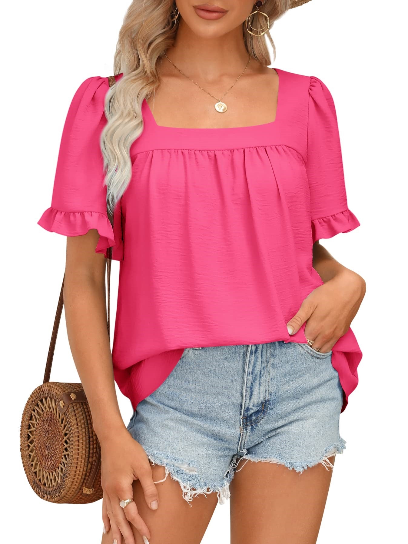 🔥Women's Sqaure Neck Ruffle Sleeve Blouses Peplum Tops