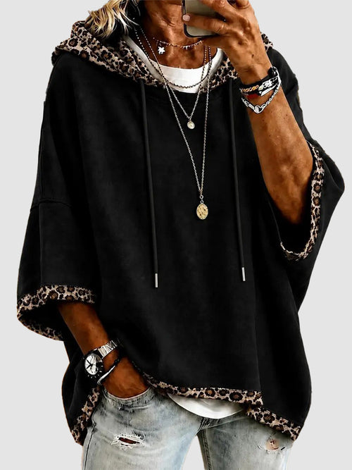 Women 3/4 Bell Sleeve Leopard Trim Hooded Top