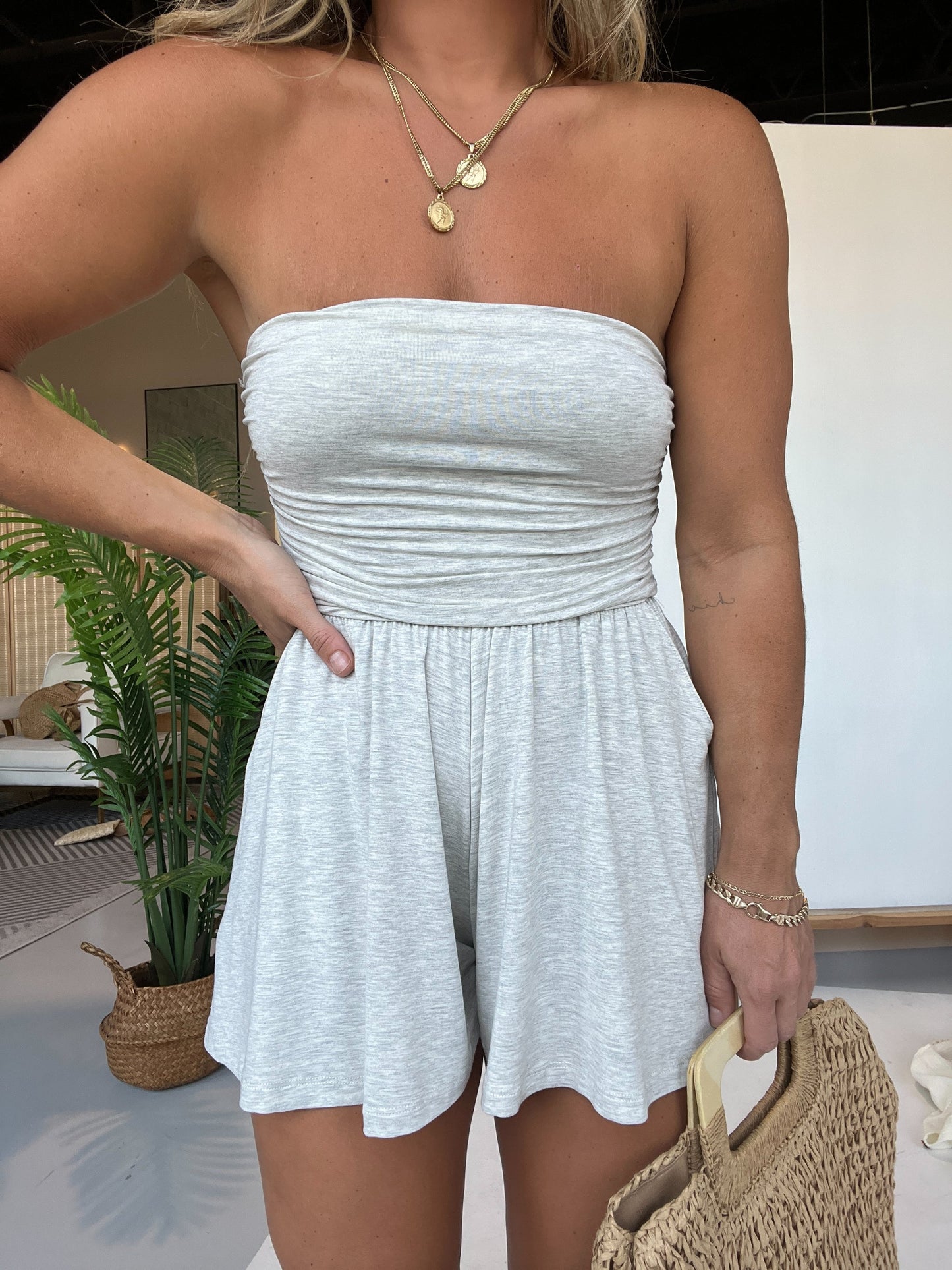 Womens Spring Summer Strapless Side Ruching Flowy Romper
