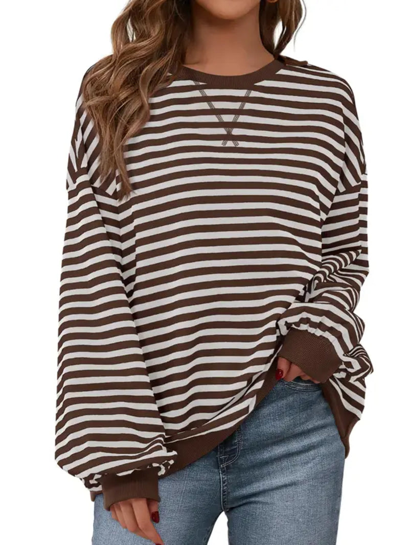 Womens Striped Oversized Sweatshirt Color Block Long Sleeve Top