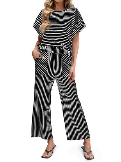Womens Striped 2 Piece Sets Short Sleeve T Shirts Wide Leg Pants with Pockets