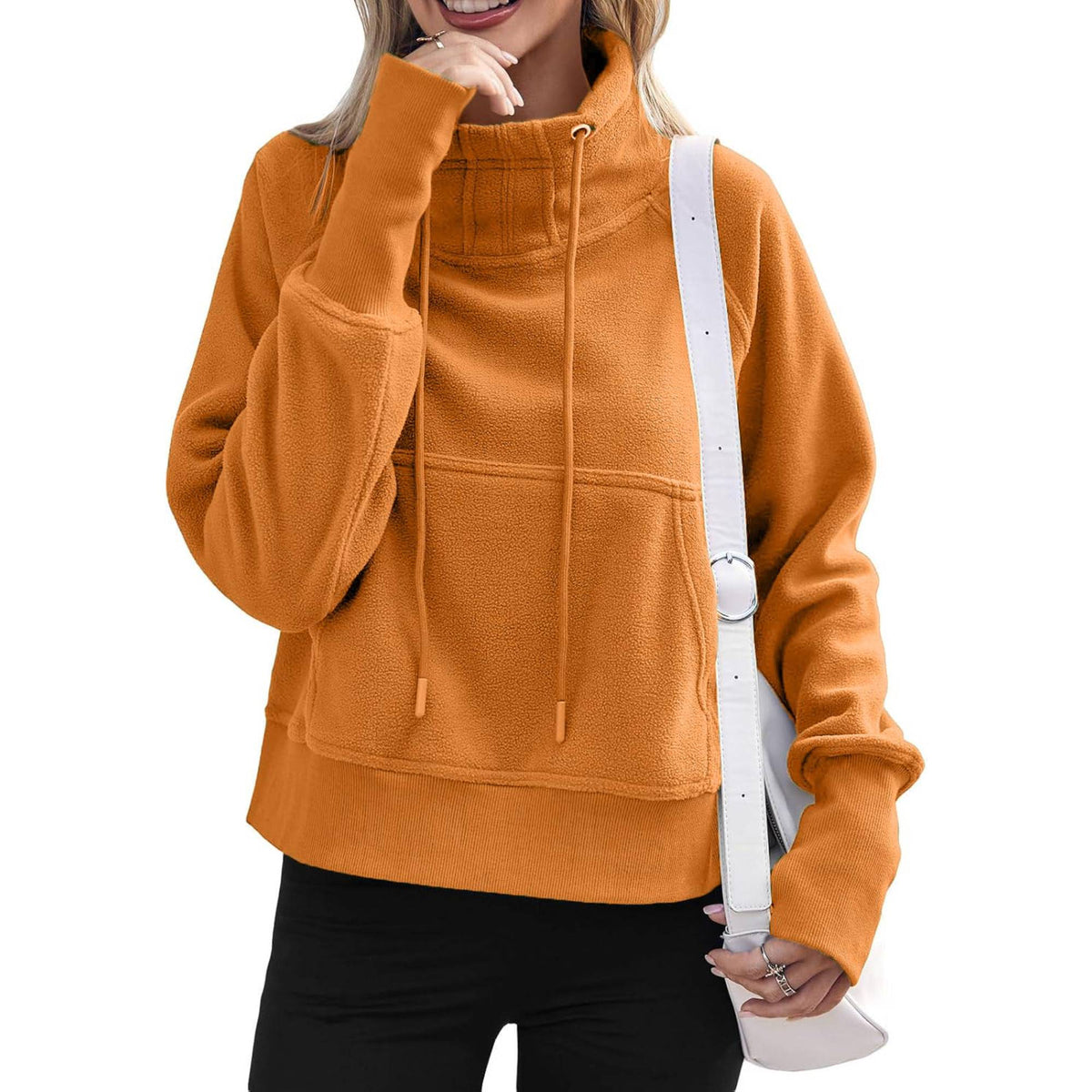 Women Fleece Lined High Neck Drawstring Sweatshirt Long Sleeve Pocket Pullover Top