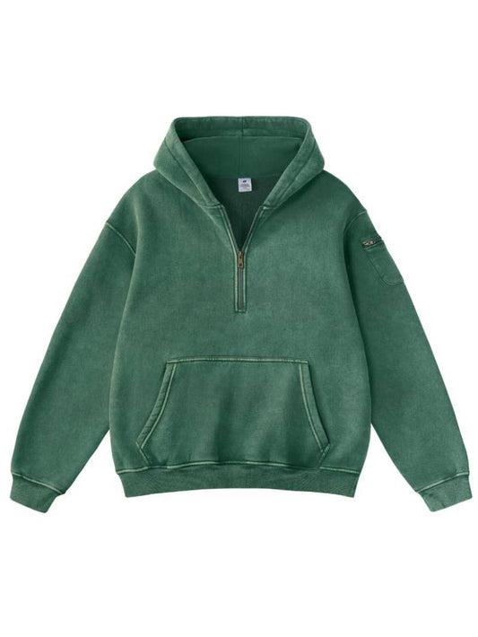 Unisex Vintage Acid Wash Half‑Zip Fleece Hoodie with Kangaroo Pocket