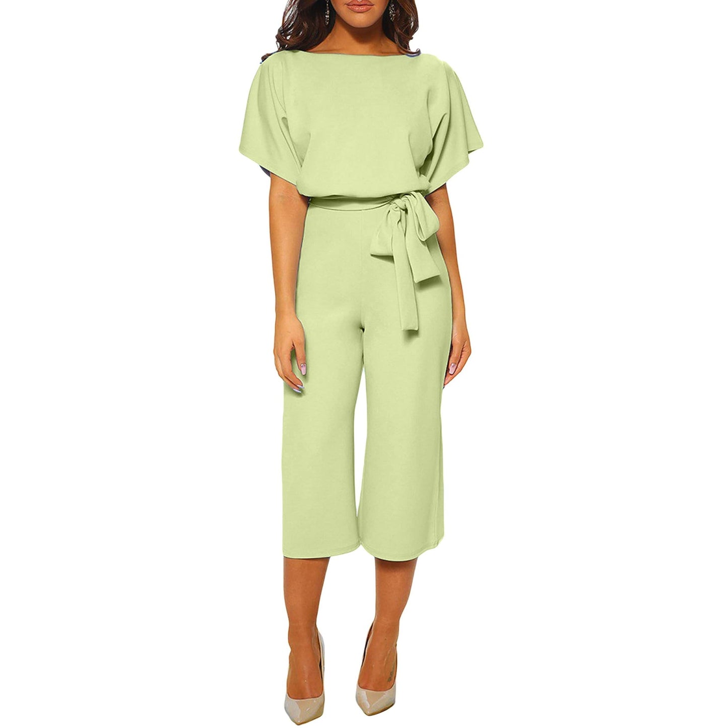 Women's casual wide-leg jumpsuit with waist tie