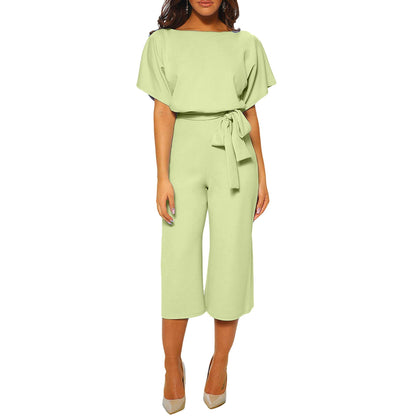Women's casual wide-leg jumpsuit with waist tie
