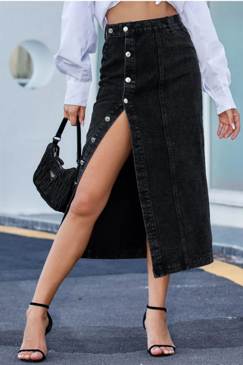 Womens High Waisted Washed Button Front Denim Long Skirt (Buy 2 Free Shipping)