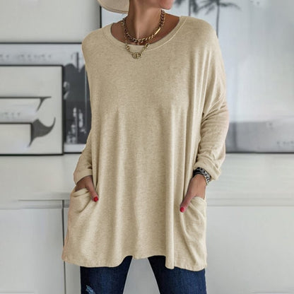 Women's  Round Neck Long Sleeve Loose Pocket Solid T-Shirt