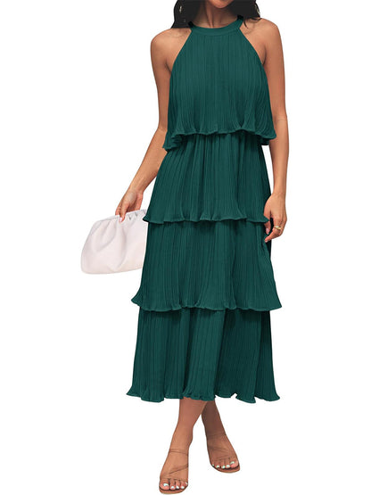 Women's Summer Halter Neck Ruffle Tiered Layered Chiffon Flowy Swing Midi Dress