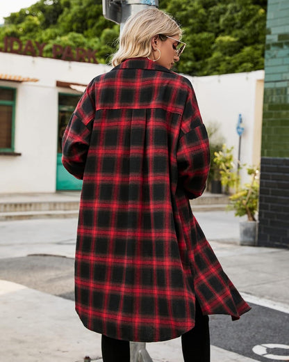 Women's Flannel Shirts Plaid Shacket Collared Long Jacket Coats