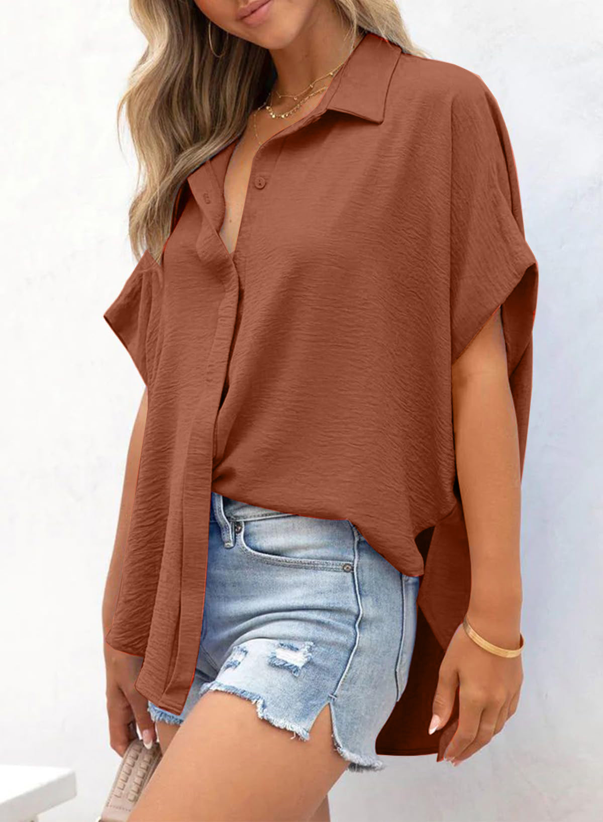 Women's Casual Button Short Sleeve Slit Hem Shirt Solid Color Tops