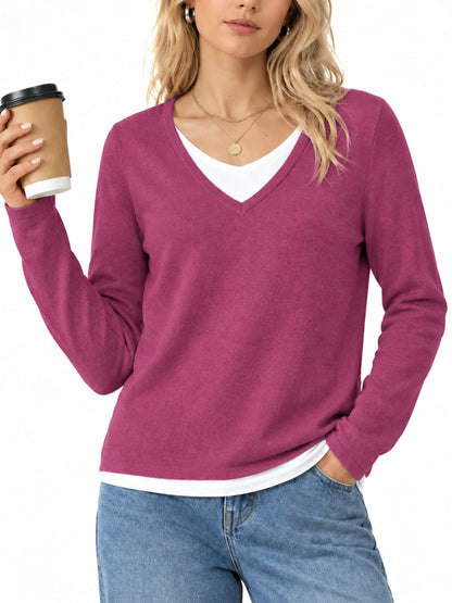 Women's 2 in 1 Patchwork V Neck Casual Sweater Tops Knitwear Long Sleeve
