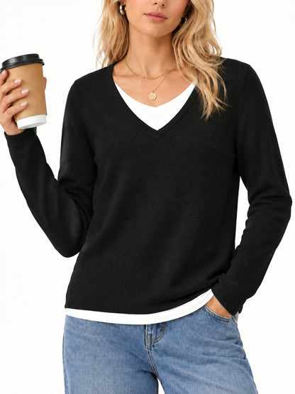 Women's 2 in 1 Patchwork V Neck Casual Sweater Tops Knitwear Long Sleeve