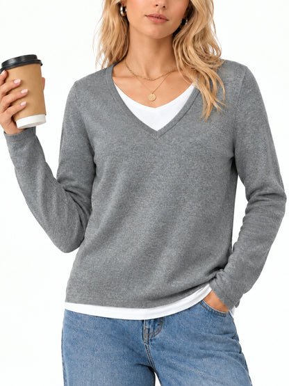 Women's 2 in 1 Patchwork V Neck Casual Sweater Tops Knitwear Long Sleeve