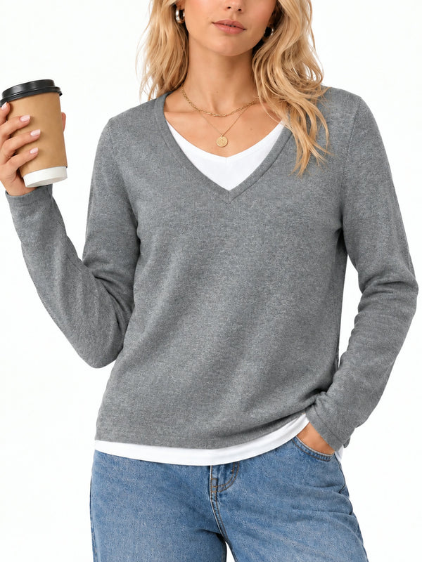 Women's 2 in 1 Patchwork V Neck Casual Sweater Tops Knitwear Long Sleeve