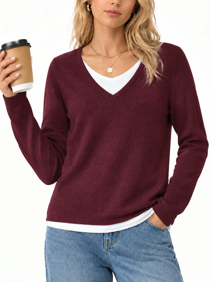 Women's 2 in 1 Patchwork V Neck Casual Sweater Tops Knitwear Long Sleeve