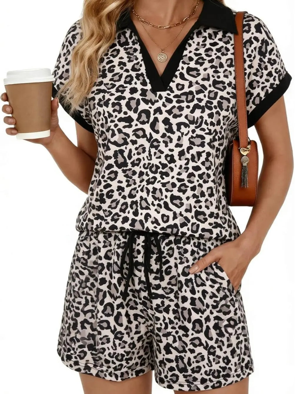 Women's Leopard Print Top & Drawstring Shorts Set