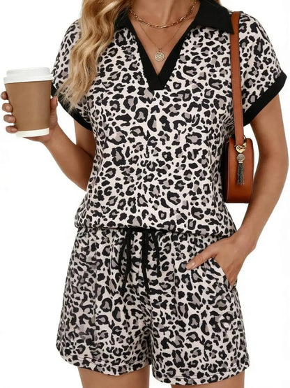 Women's Leopard Print Top & Drawstring Shorts Set
